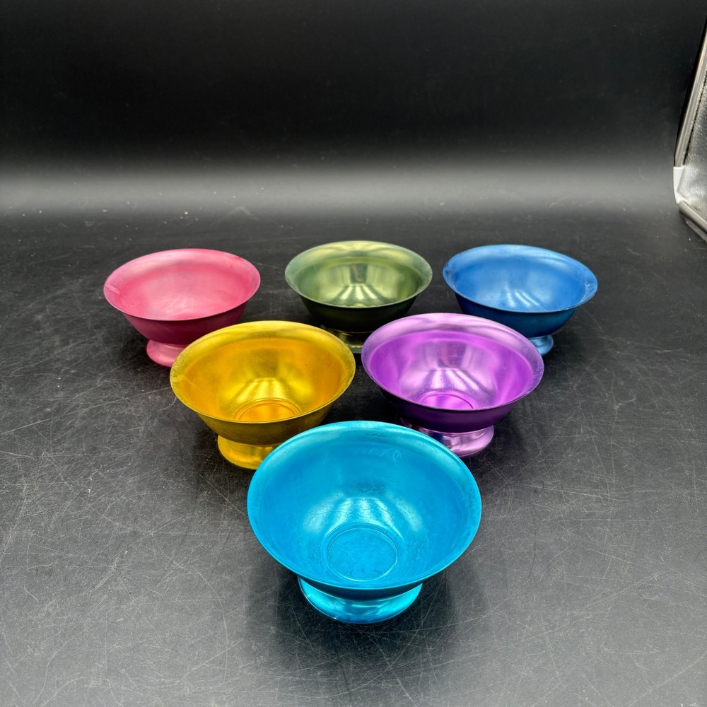 Vintage Set of 6 Anodized Aluminum Dessert Bowls Rainbow Metallic Mid Century